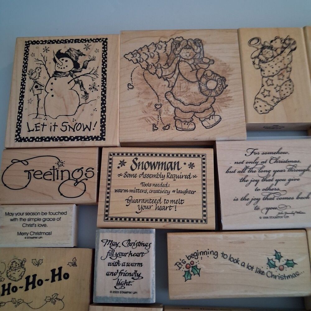 20 Vintage Christmas Wood Rubber Stamp Lot Stampin Up House Mouse Snowman - Picture 11 of 11